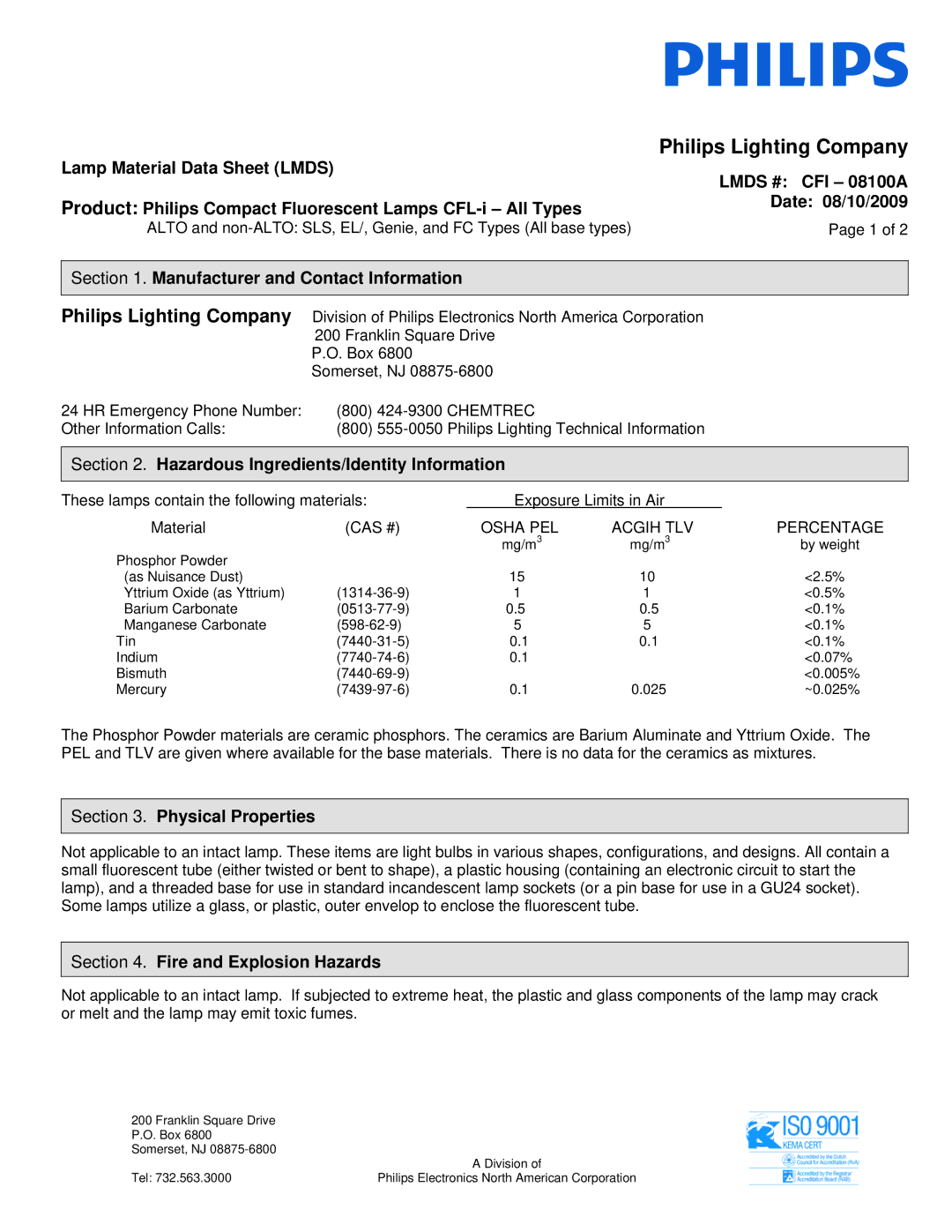 Philips CFI-08100A manual Lamp Material Data Sheet Lmds, Lmds # CFI 08100A, Manufacturer and Contact Information 