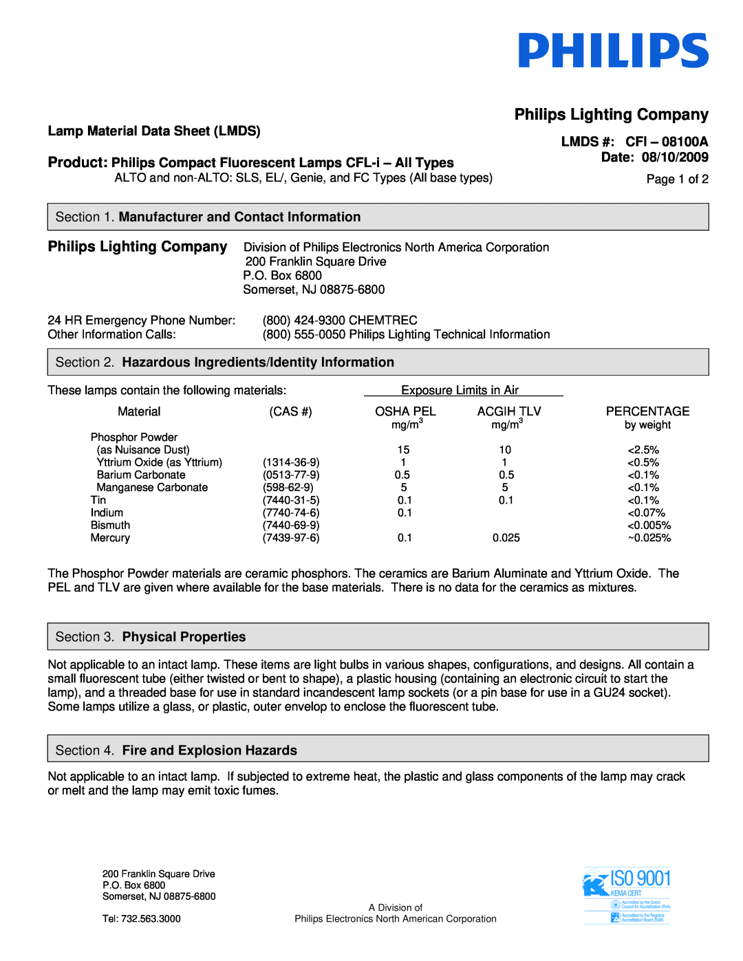 Philips CFI-08100A manual Lamp Material Data Sheet LMDS, LMDS # CFI - 08100A, Date 08/10/2009, Physical Properties 