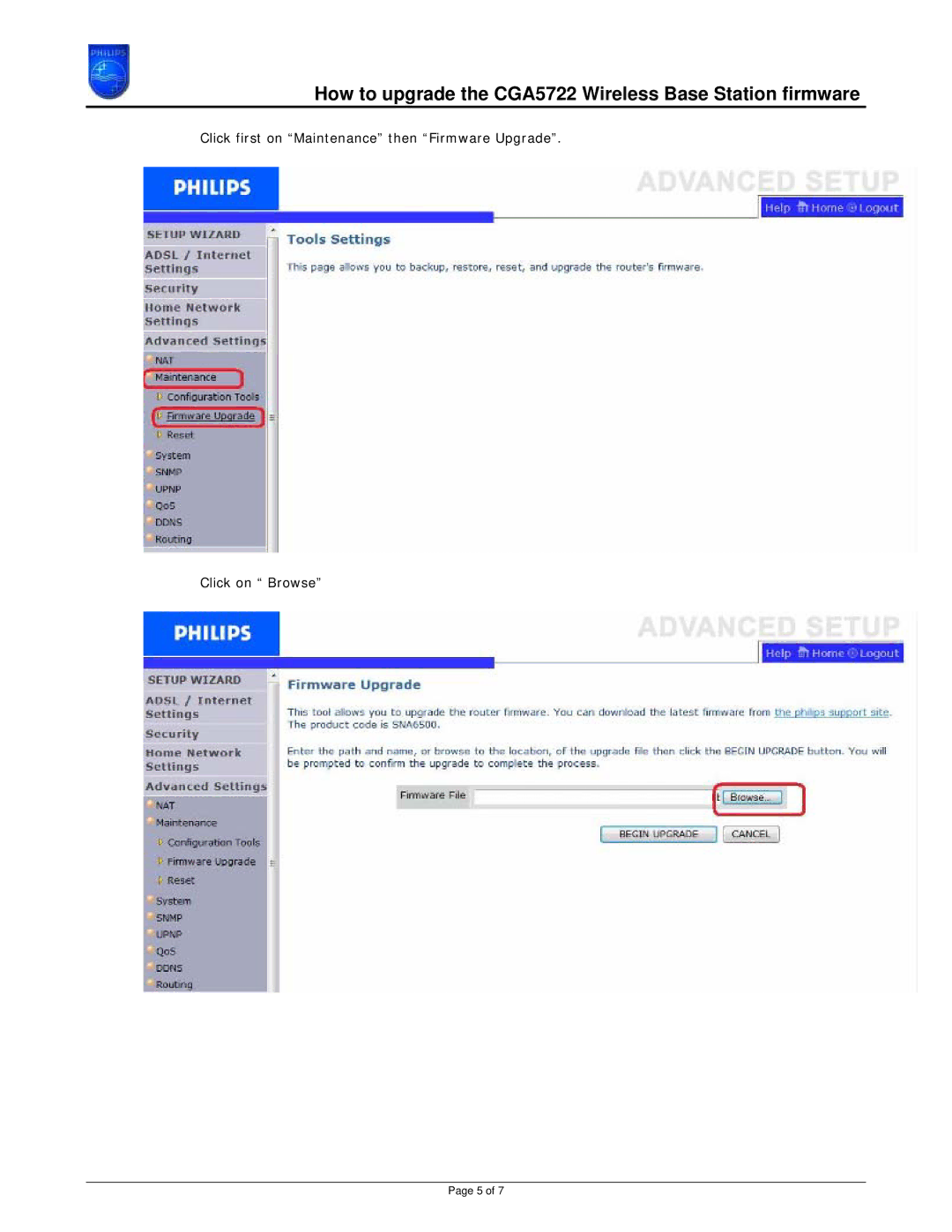 Philips manual How to upgrade the CGA5722 Wireless Base Station firmware 