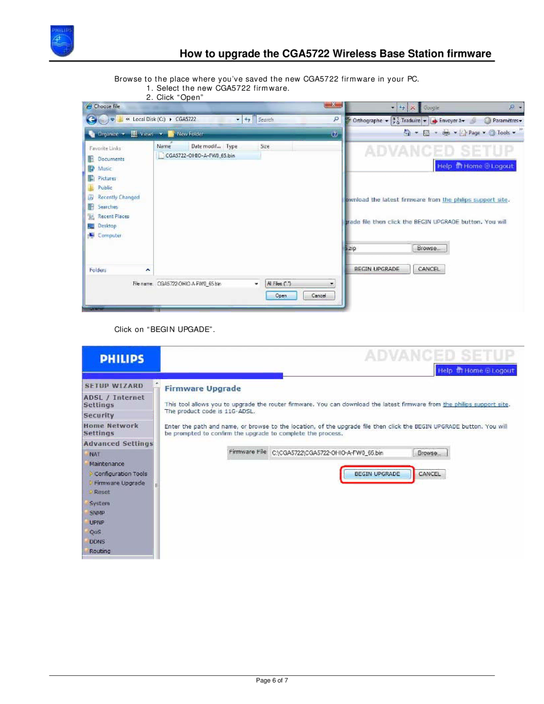 Philips manual How to upgrade the CGA5722 Wireless Base Station firmware 