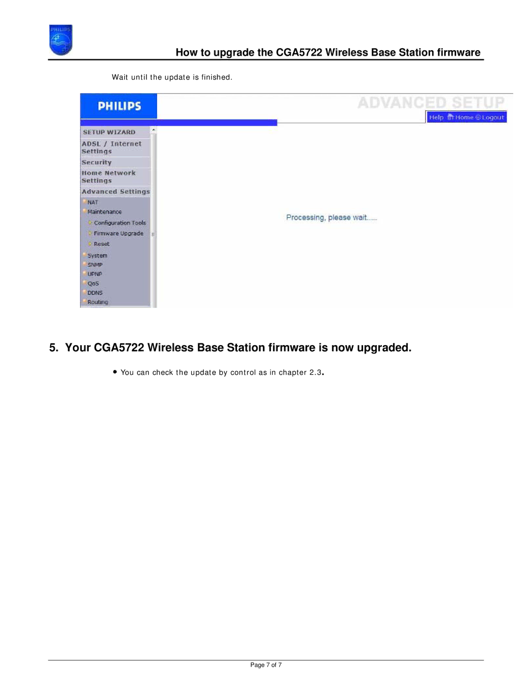 Philips manual Your CGA5722 Wireless Base Station firmware is now upgraded 