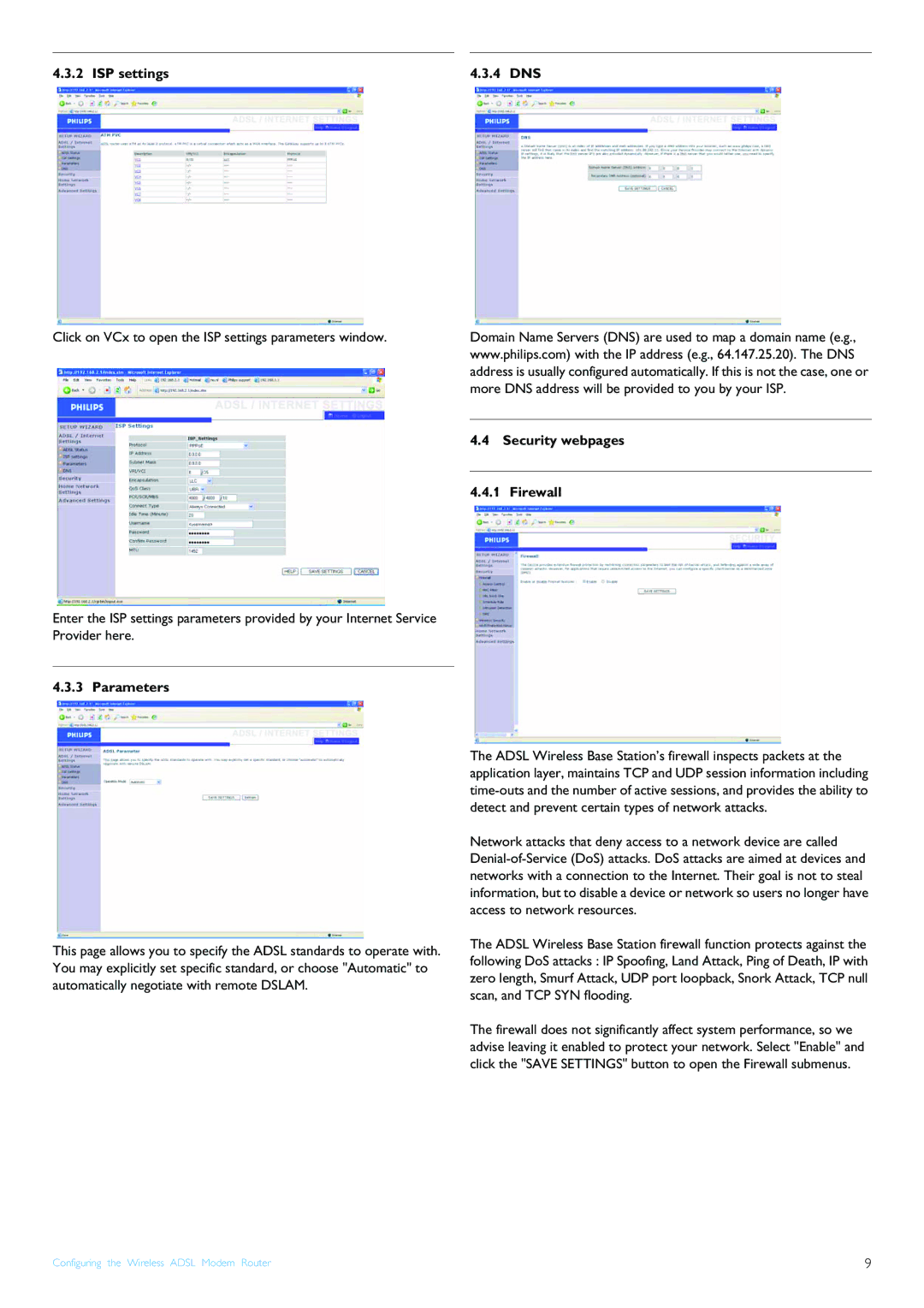 Philips CGA7740N manual ISP settings 4 DNS, Parameters, Security webpages Firewall 