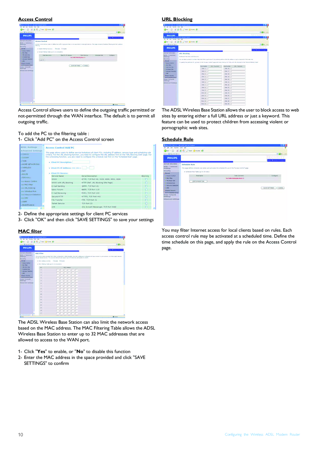 Philips CGA7740N manual Access Control URL Blocking, MAC filter, Schedule Rule 
