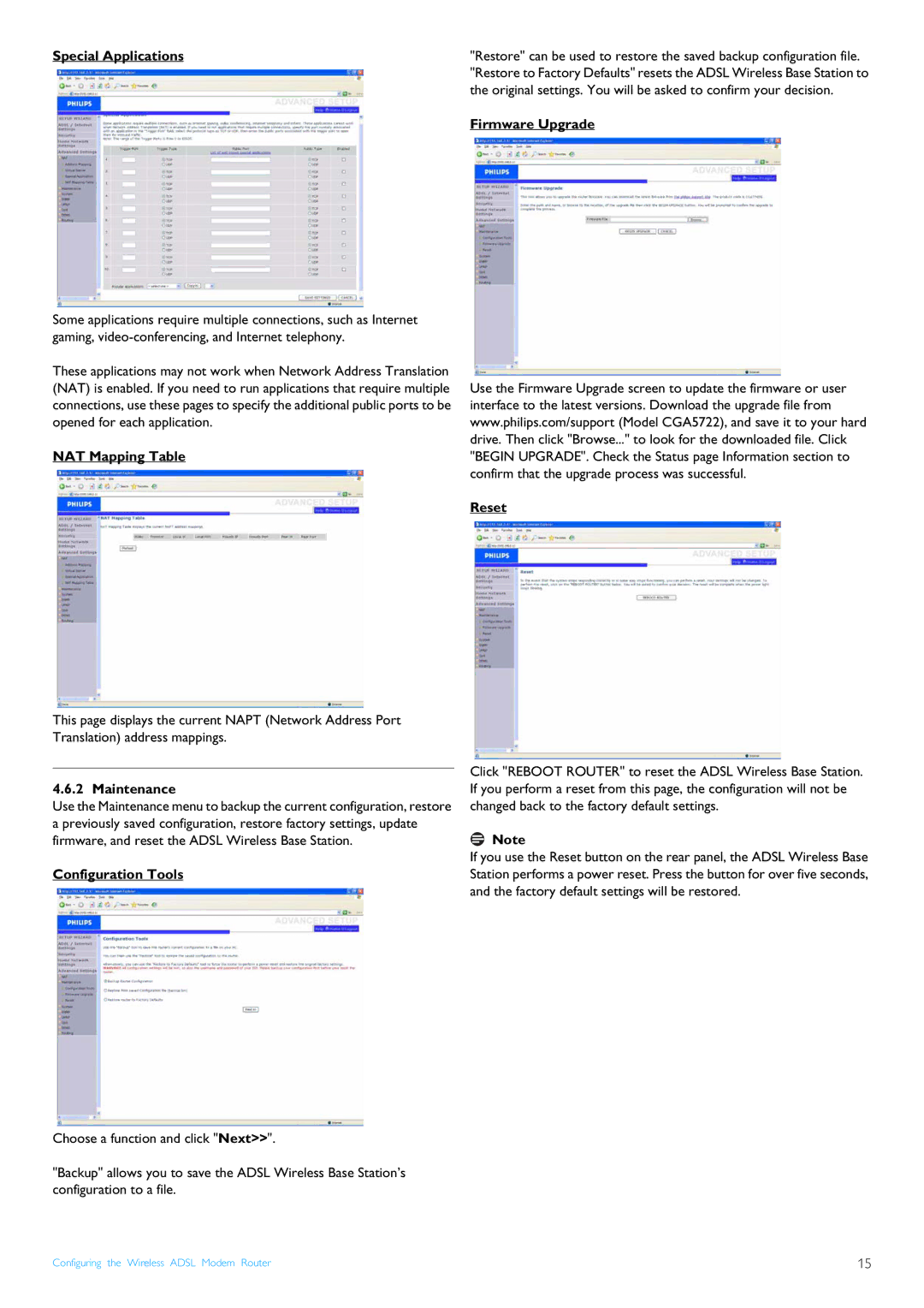 Philips CGA7740N manual Special Applications, NAT Mapping Table, Firmware Upgrade Reset Maintenance, Configuration Tools 