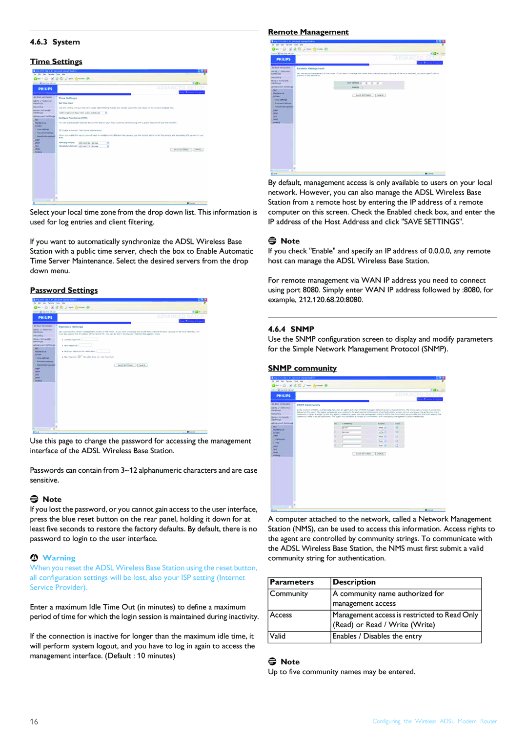 Philips CGA7740N Remote Management System Time Settings, Password Settings, Snmp community, Parameters Description 