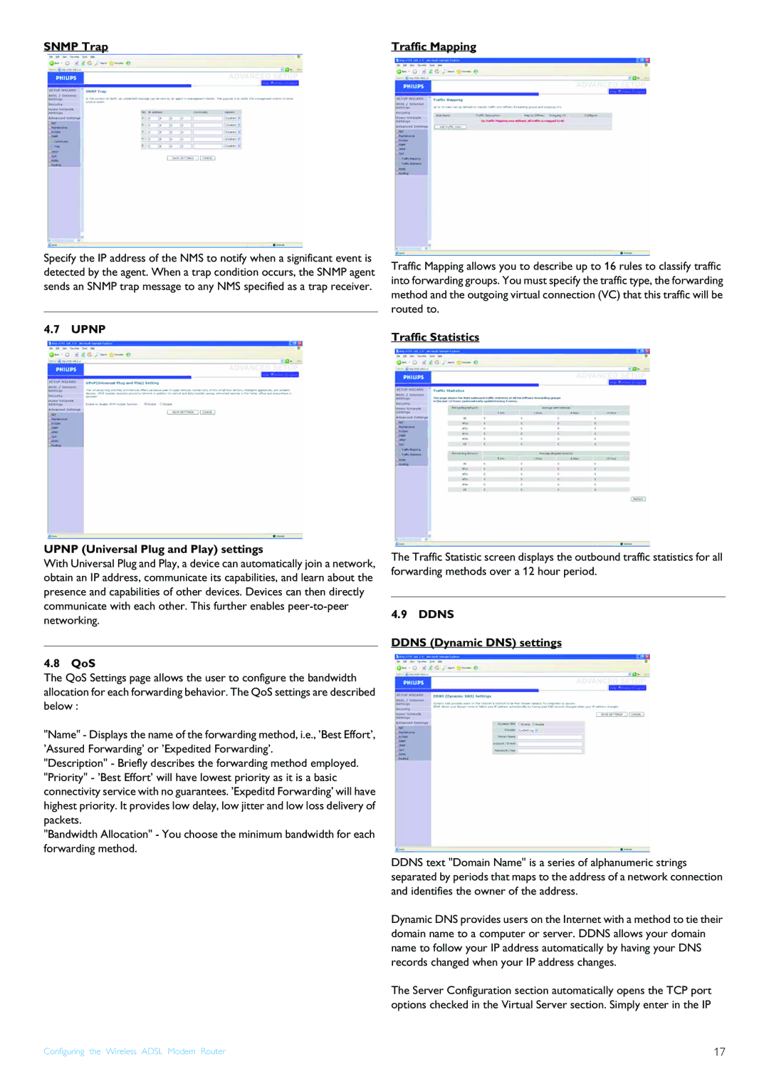 Philips CGA7740N manual Snmp Trap, Upnp Upnp Universal Plug and Play settings, QoS, Traffic Mapping, Traffic Statistics 