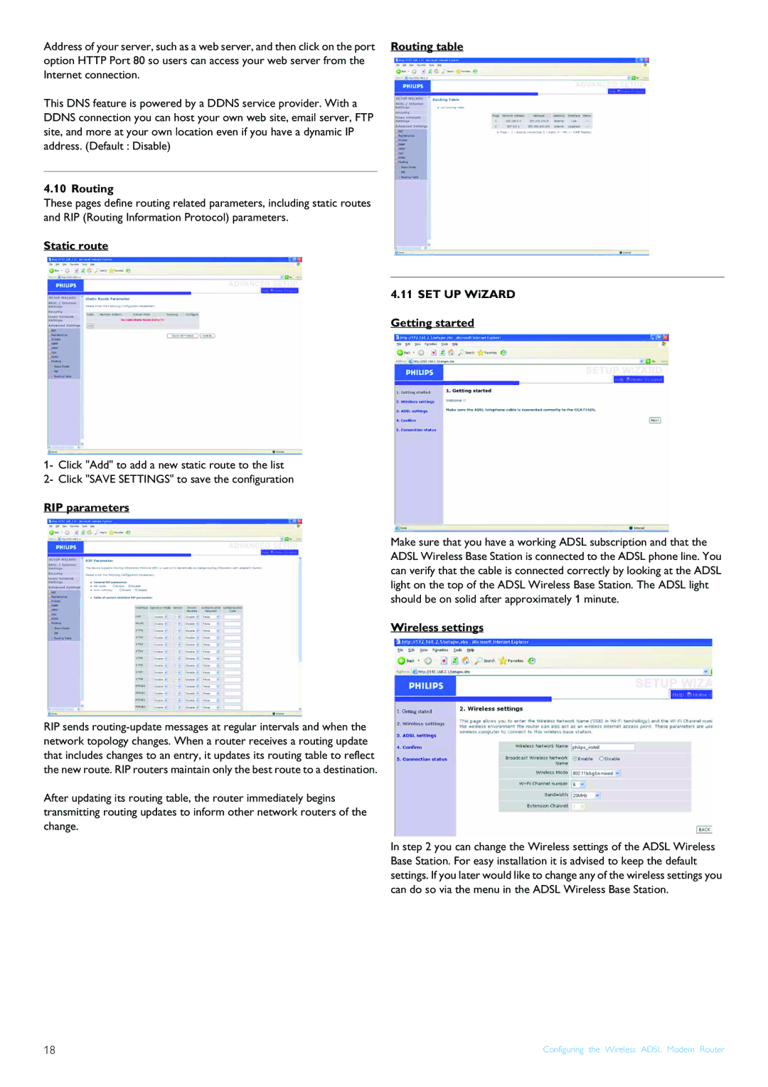 Philips CGA7740N manual Routing, Static route SET UP WiZARD Getting started, RIP parameters, Wireless settings 