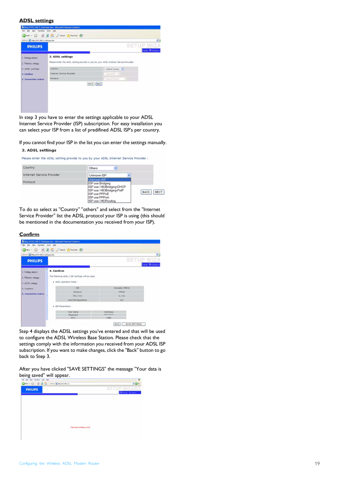 Philips CGA7740N manual Adsl settings, Confirm 