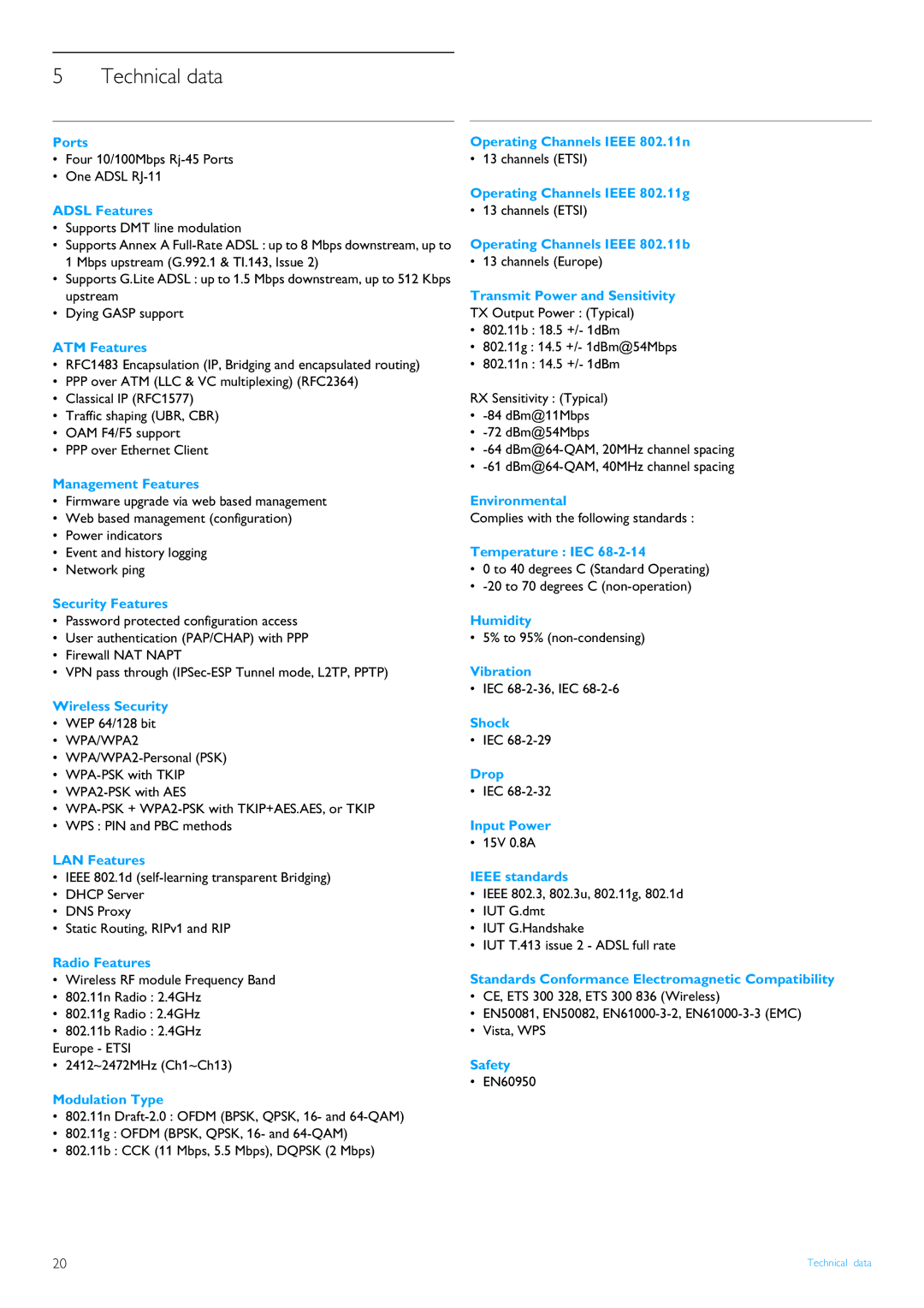 Philips CGA7740N manual Technical data, Adsl Features 