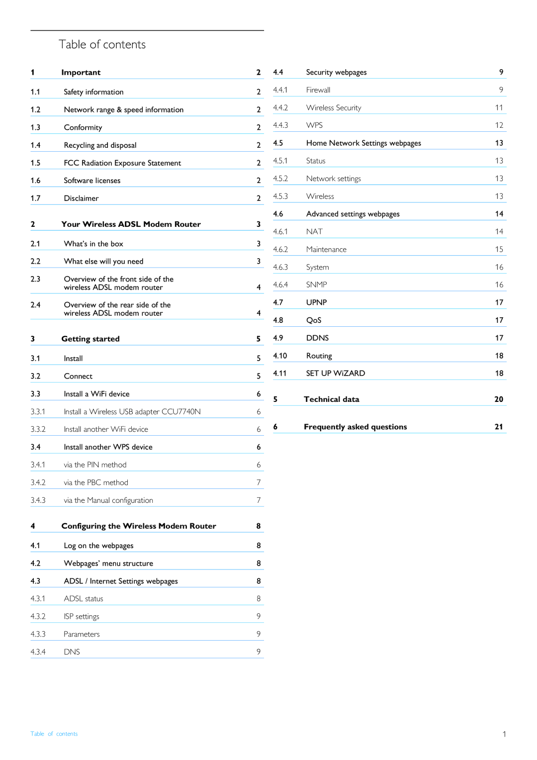 Philips CGA7740N manual Table of contents 