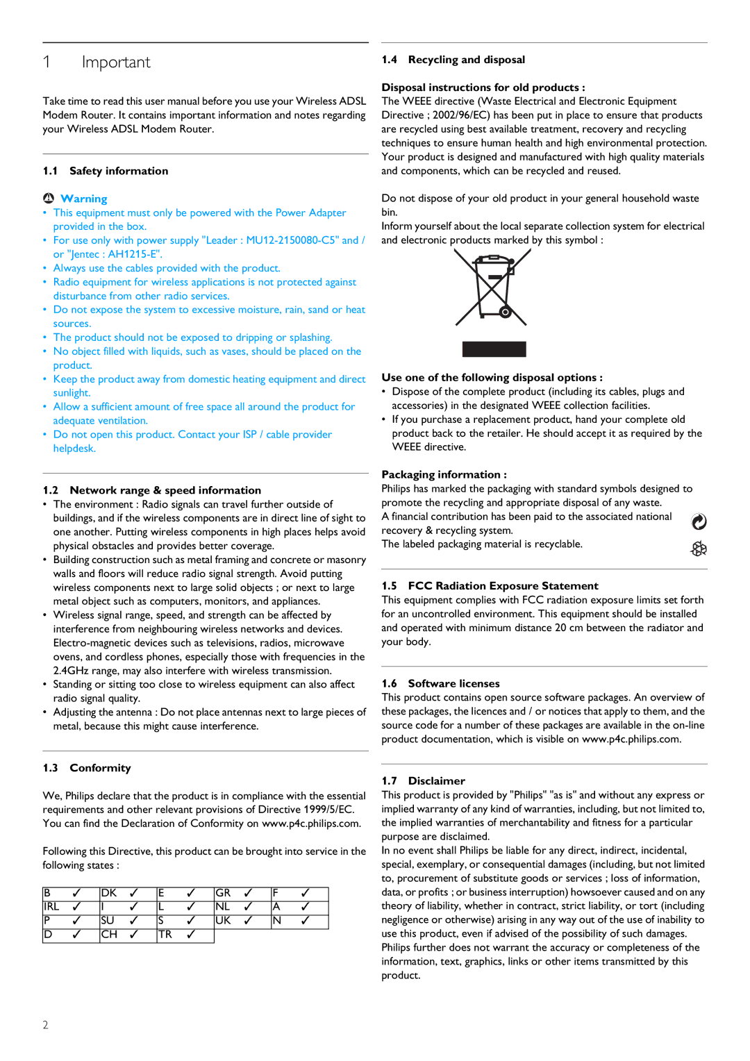 Philips CGA7740N manual Safety information, Network range & speed information, Conformity, Packaging information 