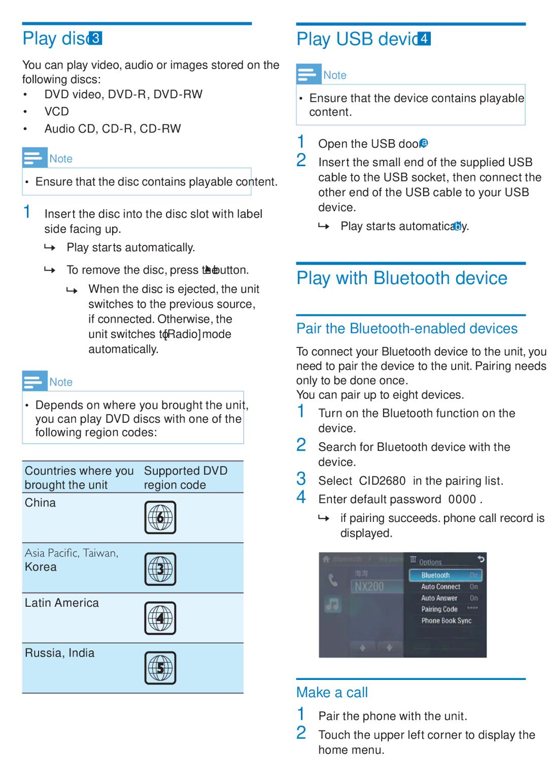 Philips CID2680/00 Play disc, Play USB device, Play with Bluetooth device, Pair the Bluetooth-enabled devices, Make a call 