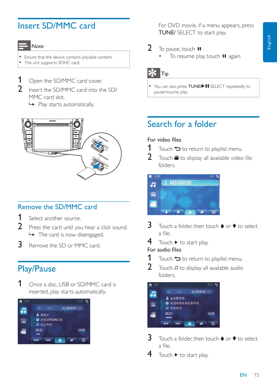 Philips CID3685 user manual Insert SD/MMC card, Search for a folder, Play/Pause, Remove the SD/MMC card 