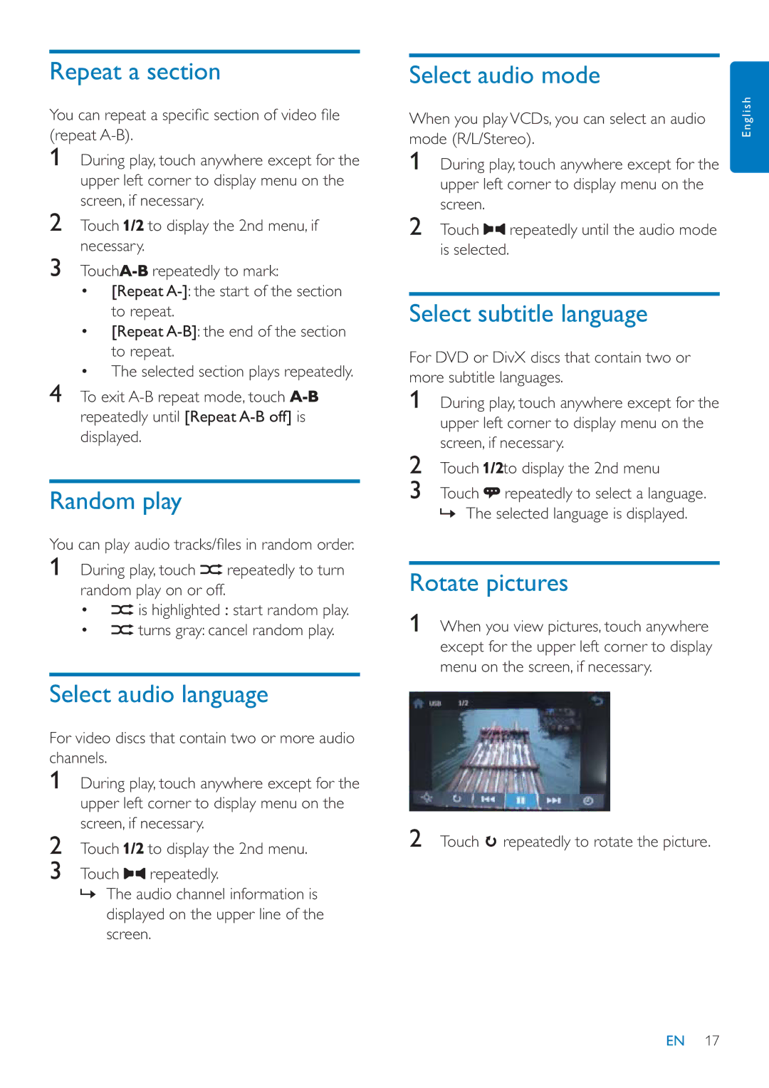 Philips CID3685 Repeat a section, Random play, Select audio language, Select audio mode, Select subtitle language 