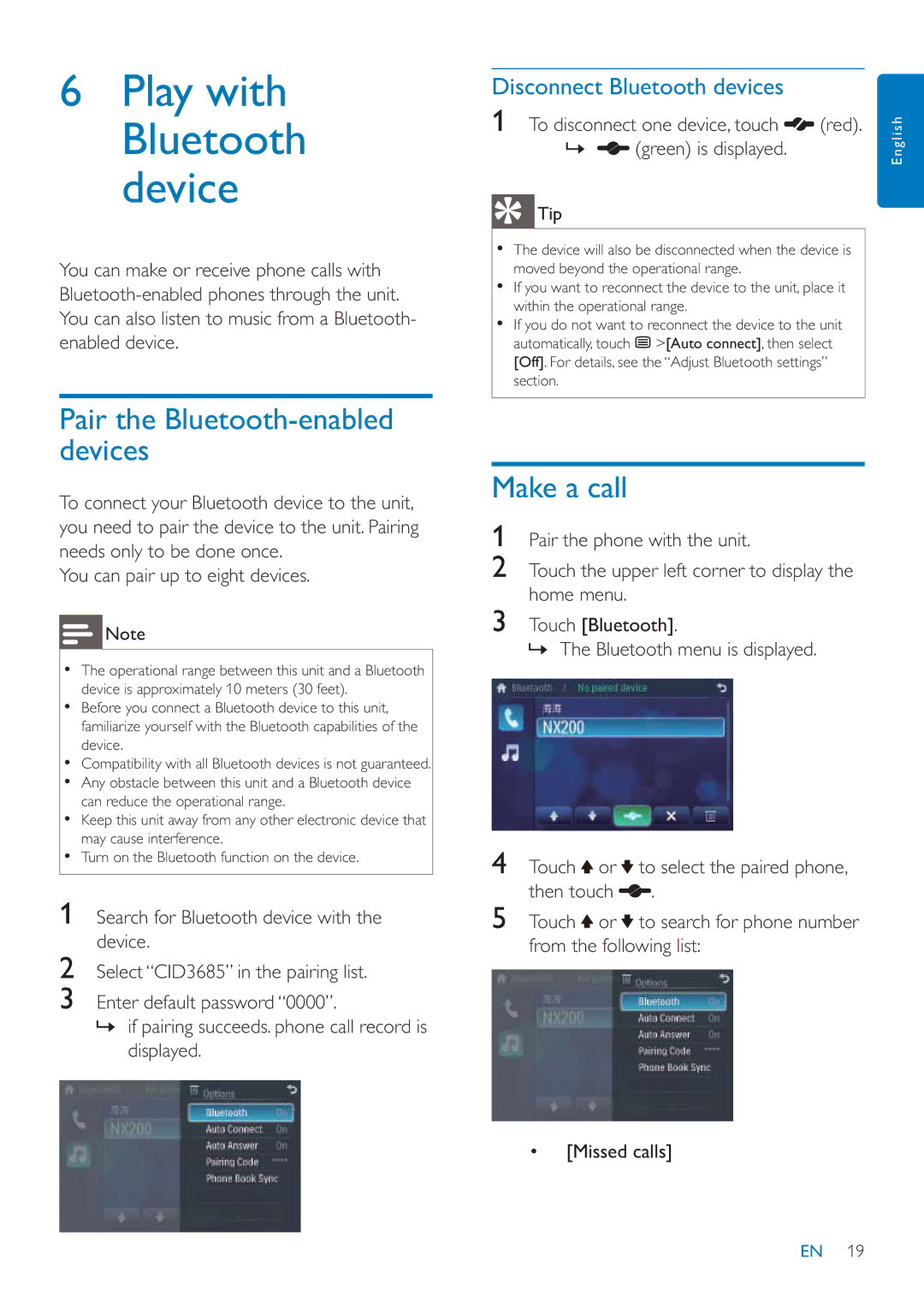 Philips CID3685 user manual Make a call, Disconnect Bluetooth devices 