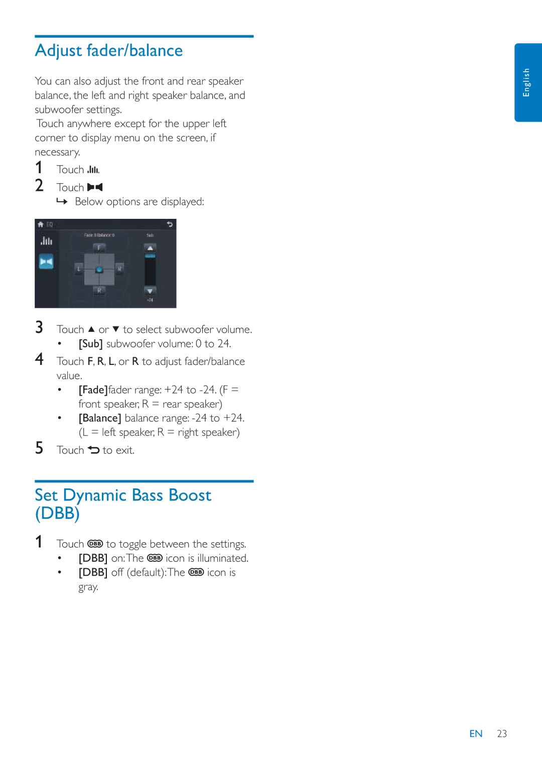 Philips CID3685 user manual Adjust fader/balance, Set Dynamic Bass Boost DBB 