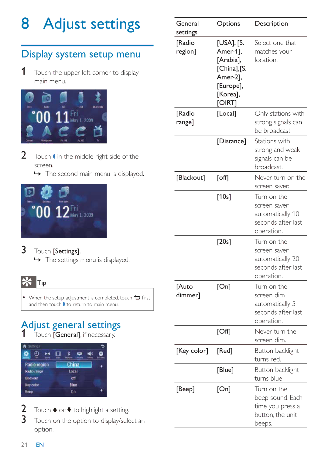 Philips CID3685 user manual Adjust settings, Display system setup menu, Adjust general settings, Oirt 