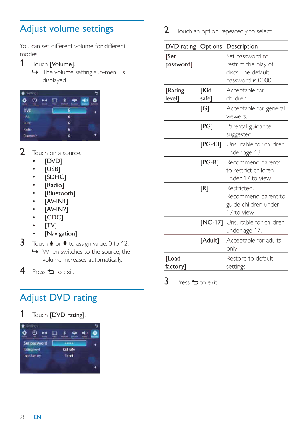 Philips CID3685 user manual Adjust volume settings, Adjust DVD rating 