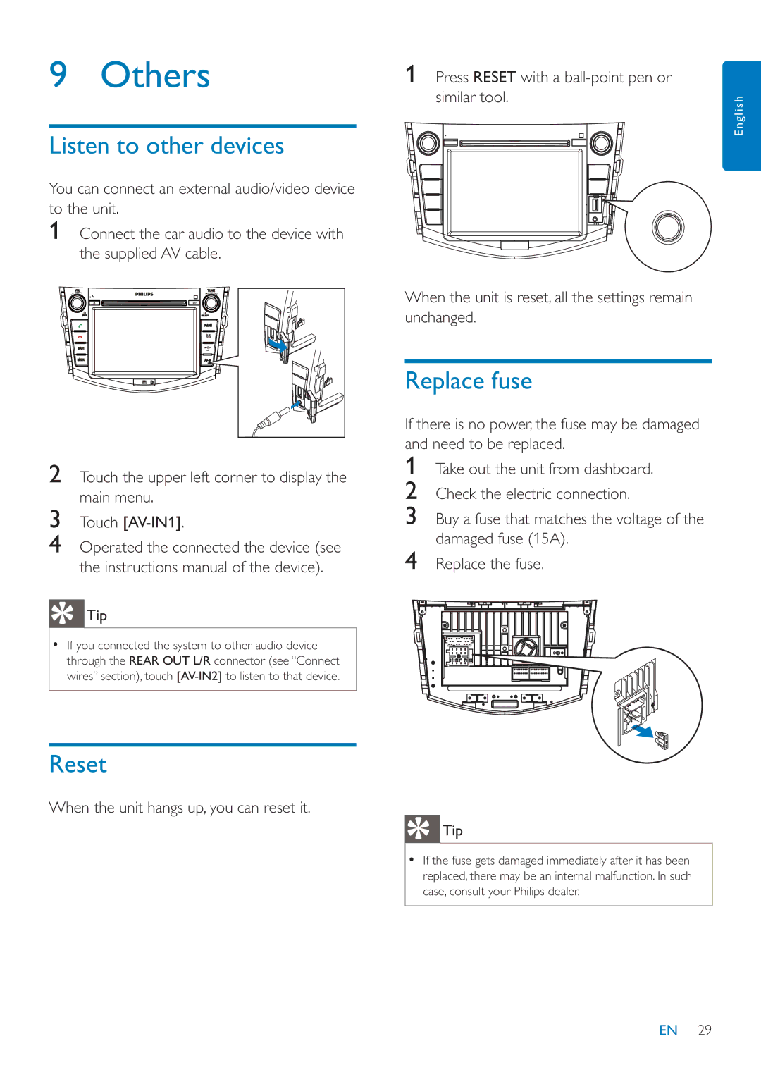 Philips CID3685 user manual Others, Listen to other devices, Reset, Replace fuse 