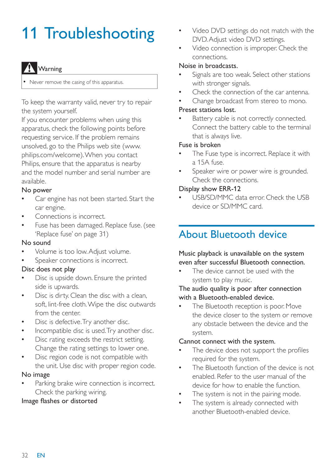 Philips CID3685 user manual Troubleshooting, About Bluetooth device 