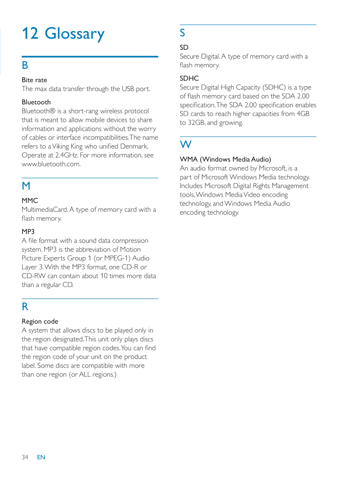 Philips CID3685 user manual Glossary, Mmc, MP3, Sdhc 