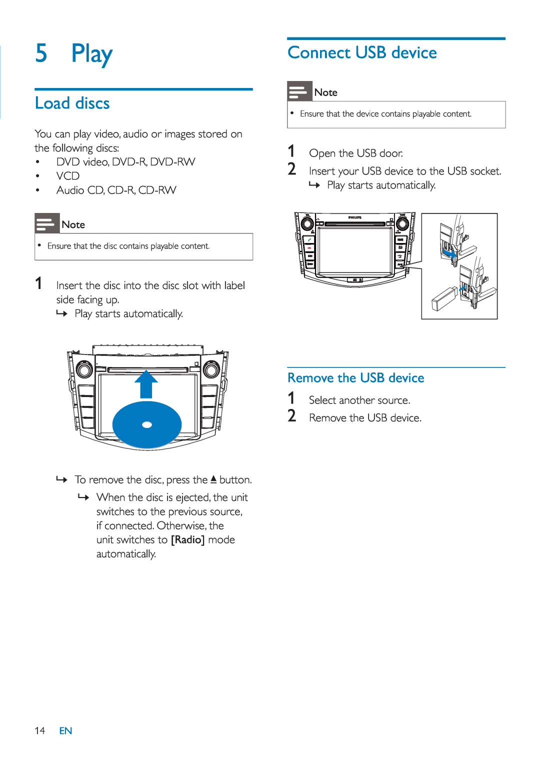 Philips CID3685 user manual Play, Load discs, Connect USB device, Remove the USB device 