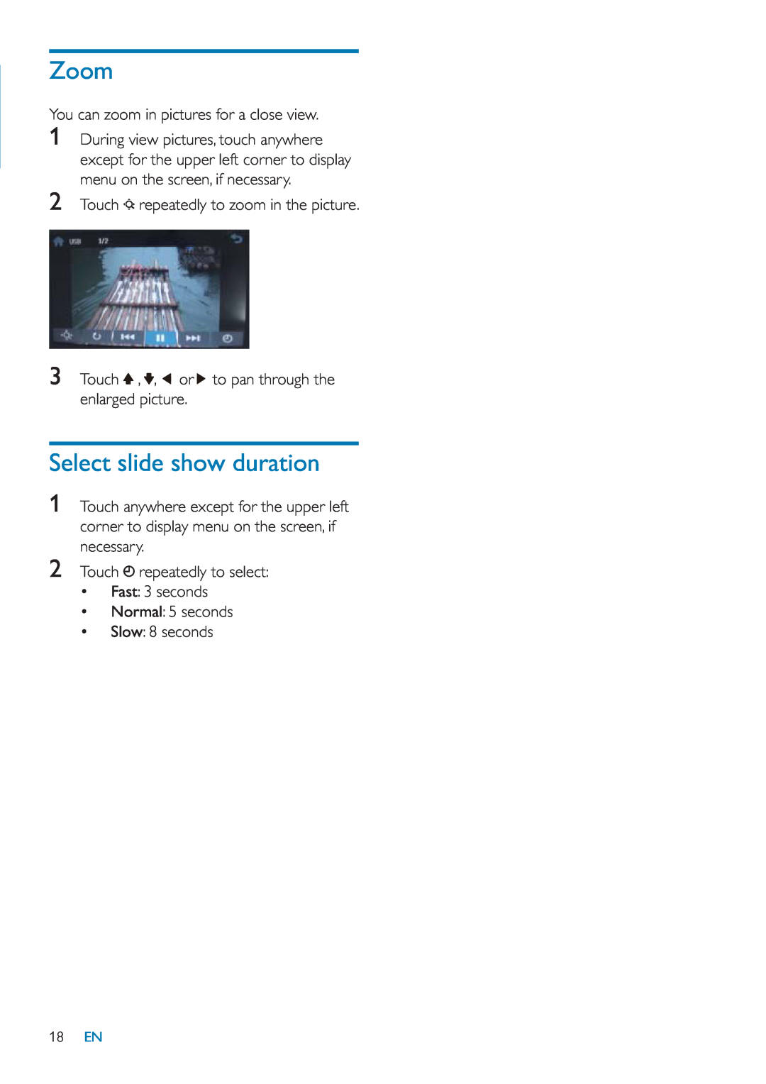 Philips CID3685 user manual Zoom, Select slide show duration, 18 EN 