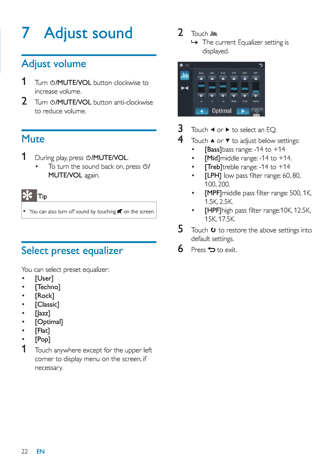 Philips CID3685 user manual Adjust sound, Adjust volume, Mute, Select preset equalizer 
