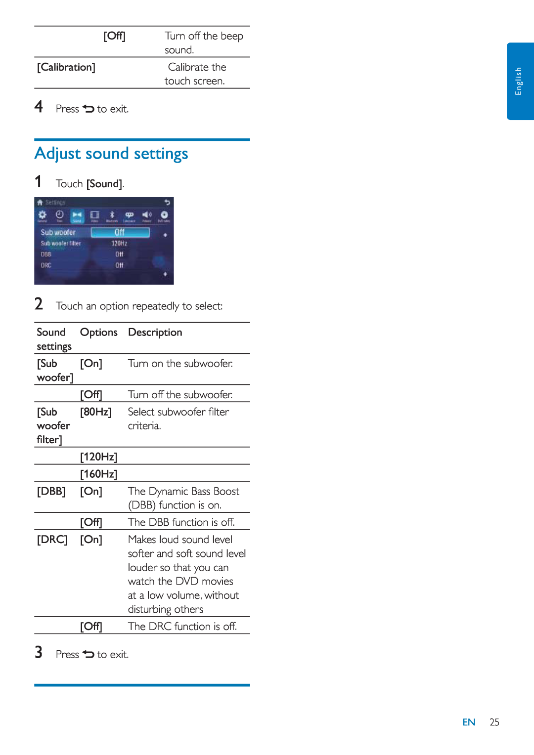 Philips CID3685 user manual Adjust sound settings, The Dynamic Bass Boost, softer and soft sound level 