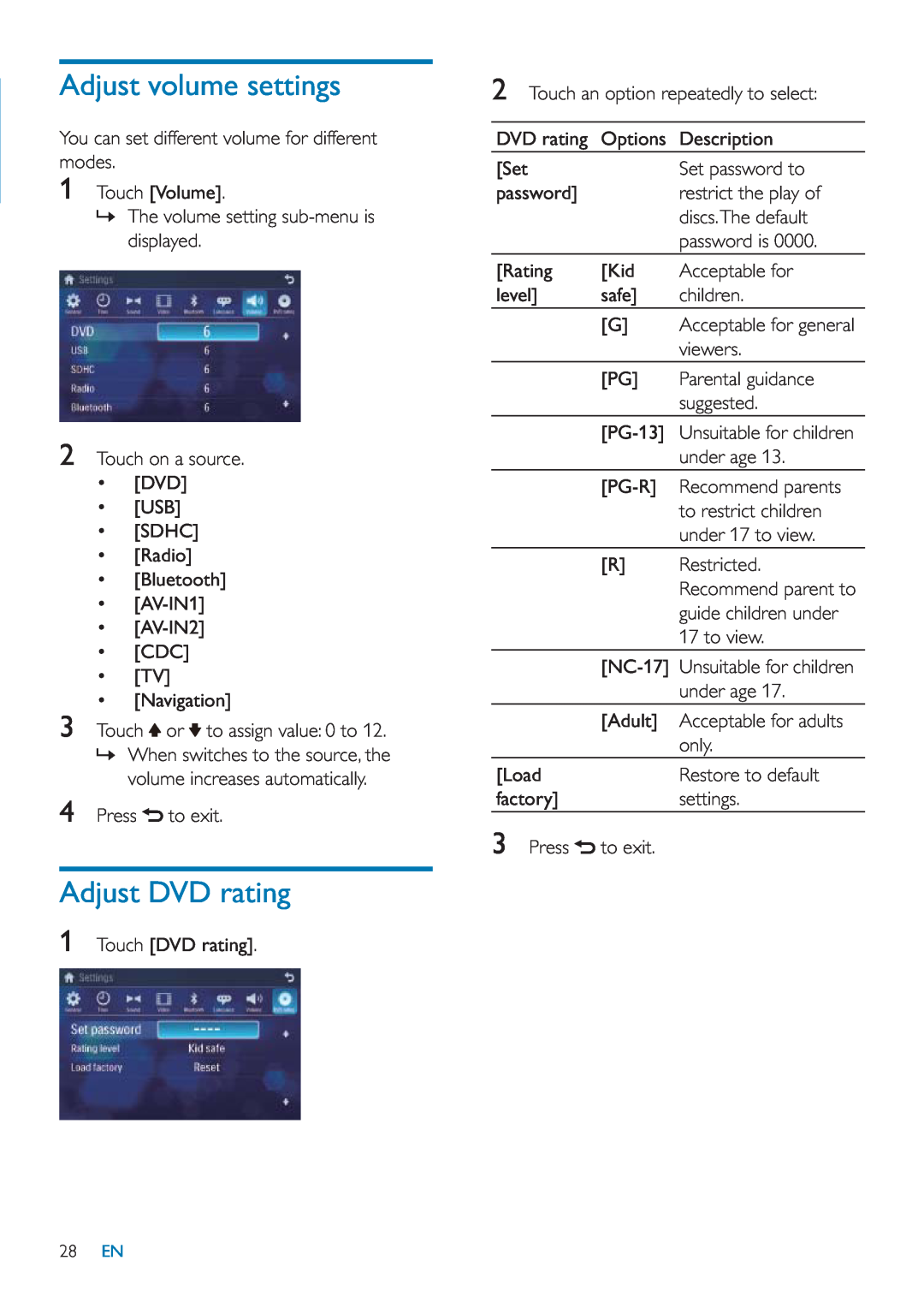Philips CID3685 user manual Adjust volume settings, Adjust DVD rating, 28 EN 