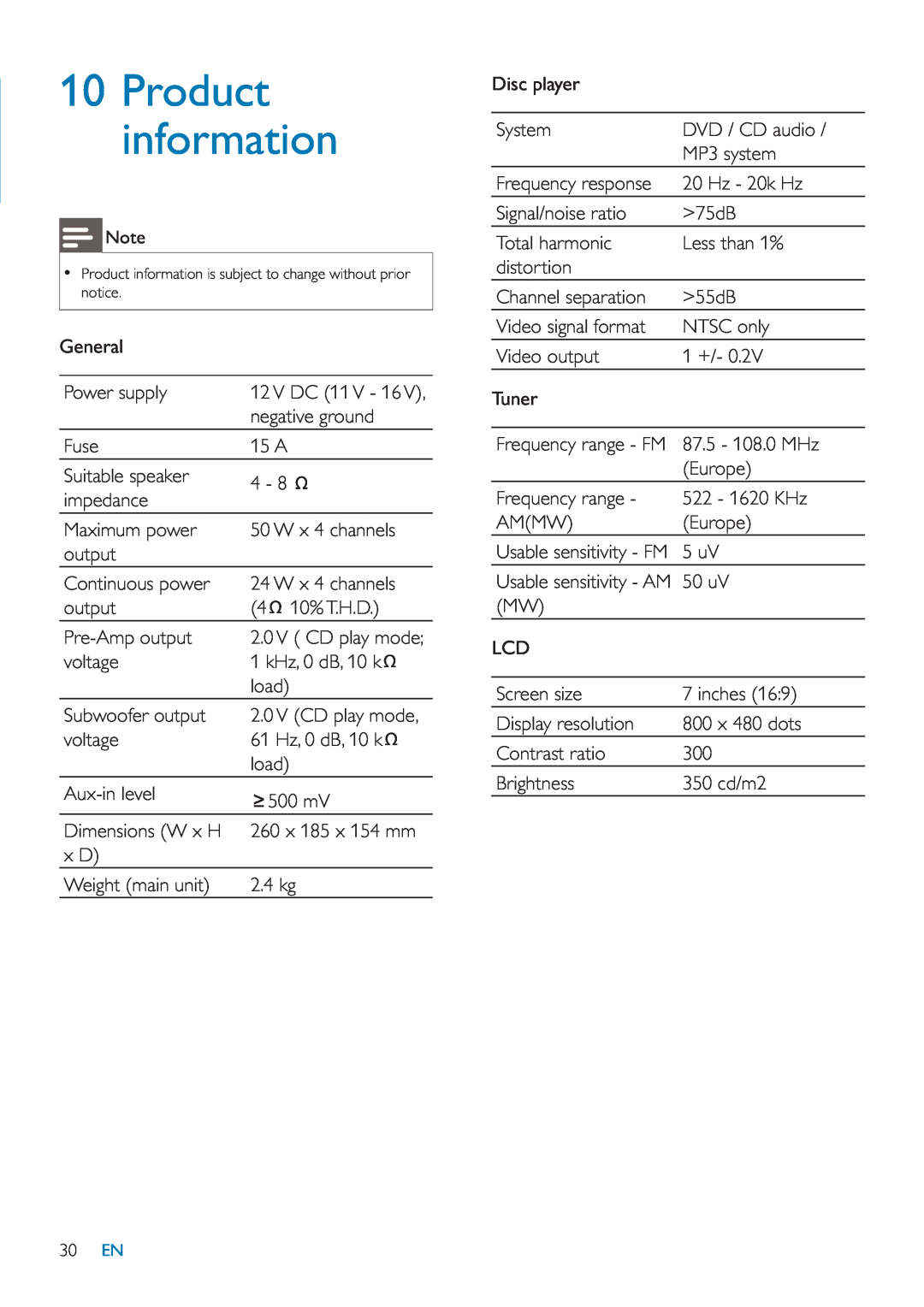 Philips CID3685 user manual Product information, 2.0V CD play mode, Frequency range - FM 