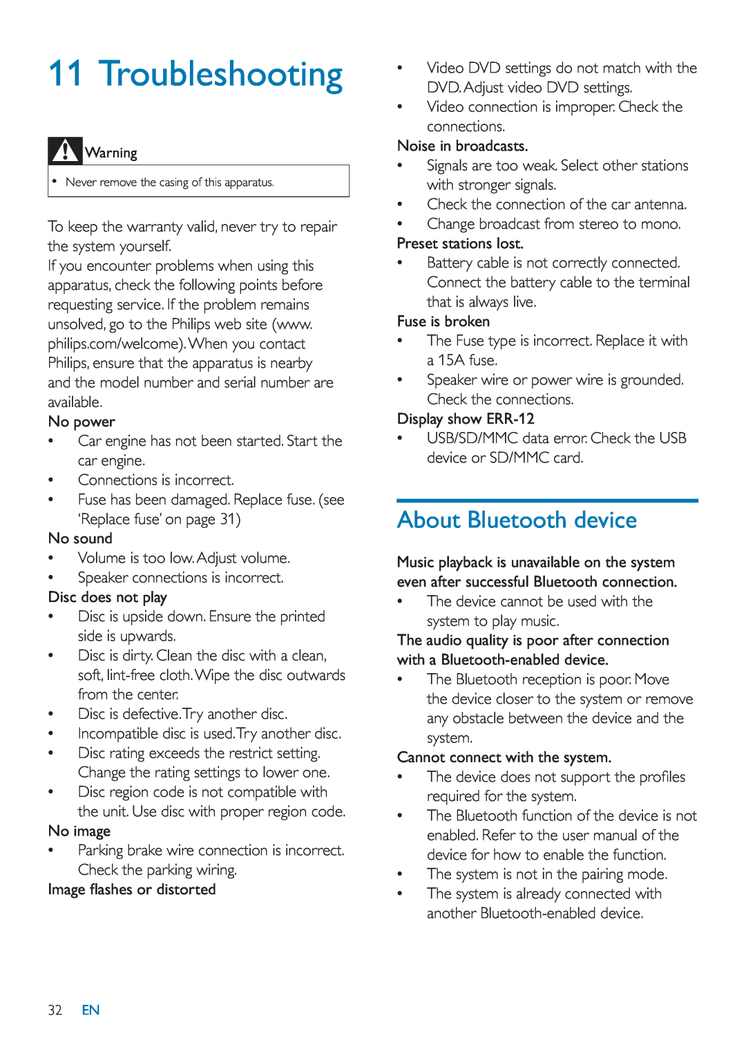 Philips CID3685 user manual Troubleshooting, About Bluetooth device 