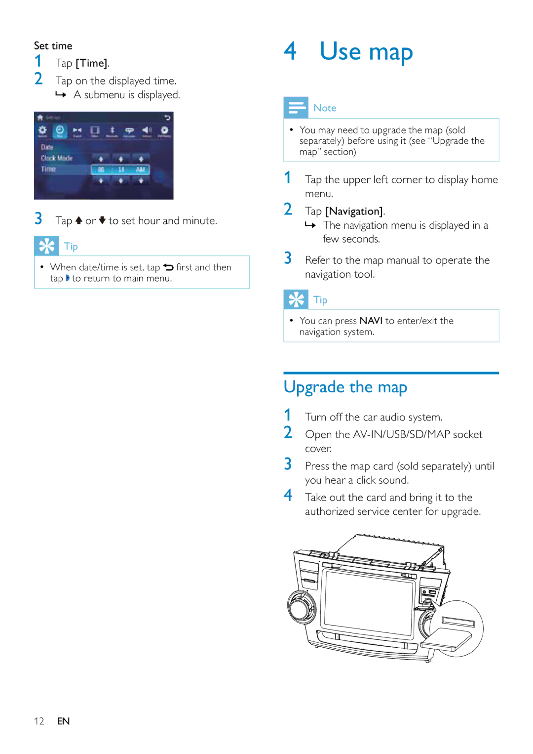 Philips CID3687/00 user manual Use map, Upgrade the map, Set time Tap Time, Tap or to set hour and minute 