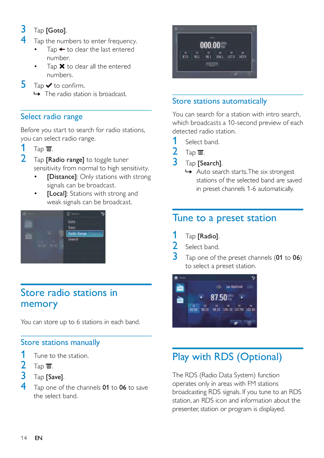 Philips CID3687/00 user manual Store radio stations in memory, Tune to a preset station, Play with RDS Optional 