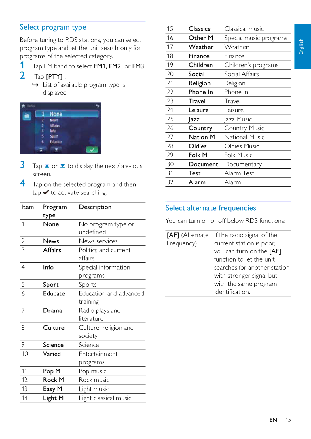 Philips CID3687/00 user manual Select program type, Select alternate frequencies 