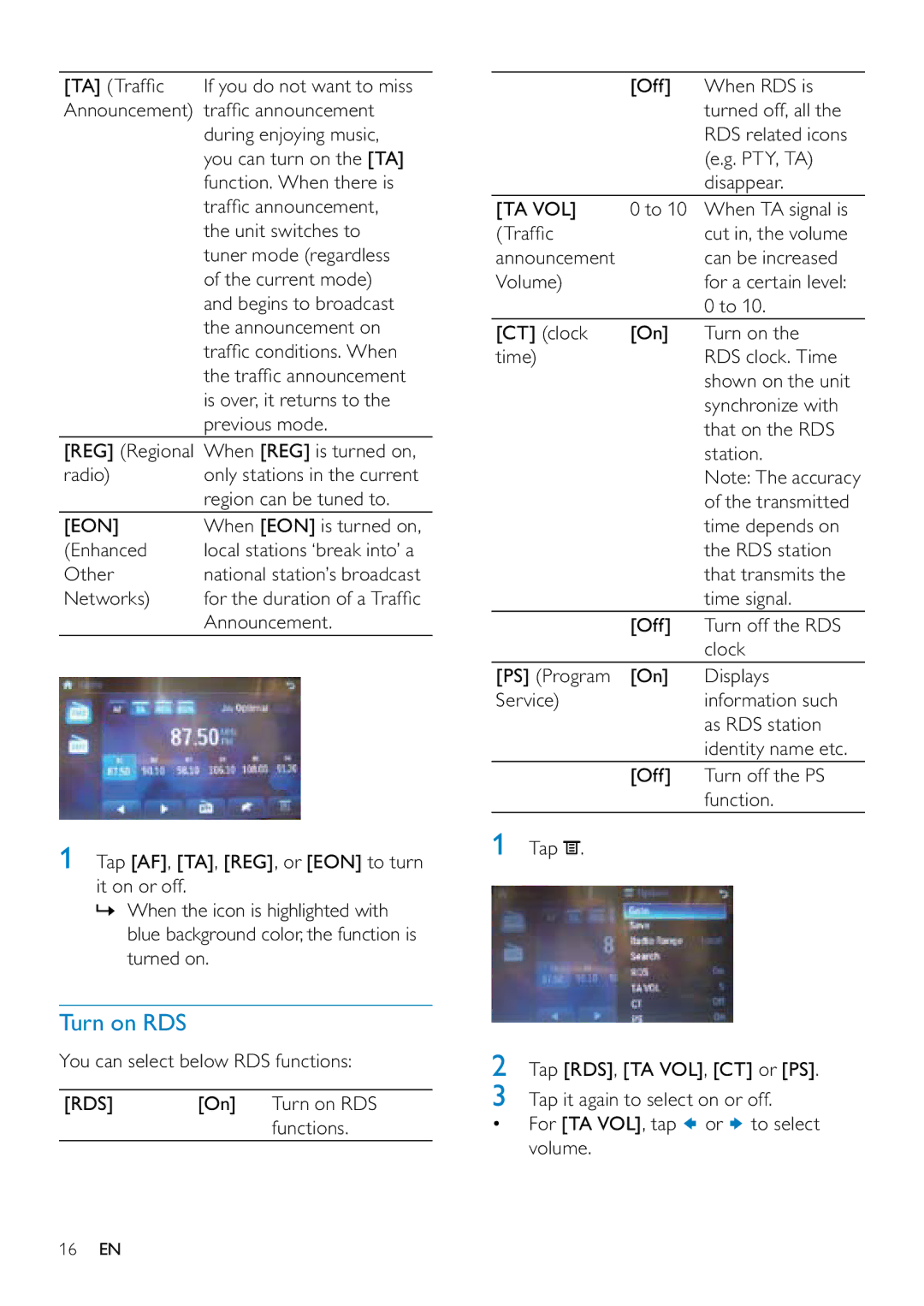 Philips CID3687/00 user manual Turn on RDS, Eon, Rds, Ta Vol 