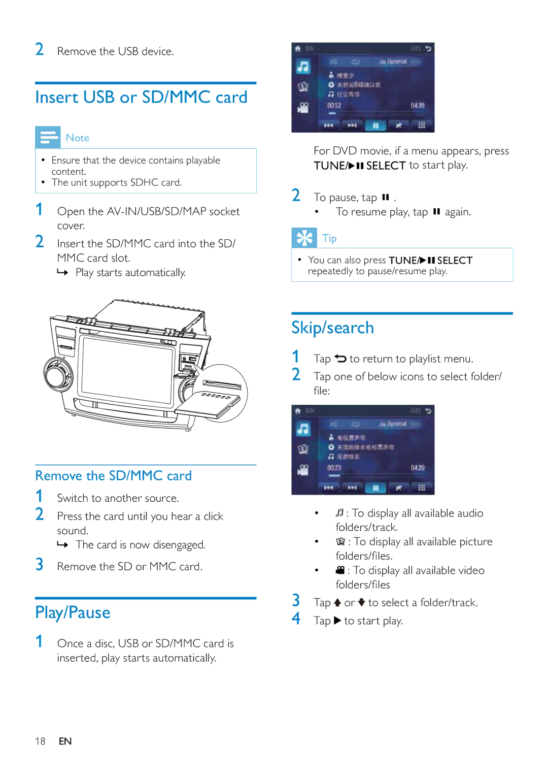 Philips CID3687/00 Insert USB or SD/MMC card, Play/Pause, Skip/search, Remove the SD/MMC card, Remove the USB device 