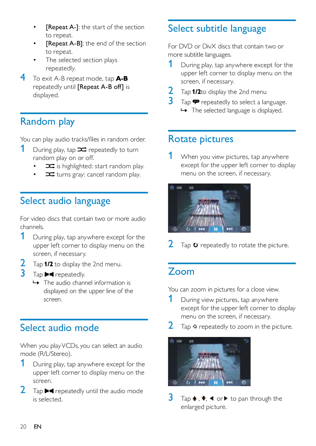 Philips CID3687/00 Random play, Select audio language, Select audio mode, Select subtitle language, Rotate pictures, Zoom 