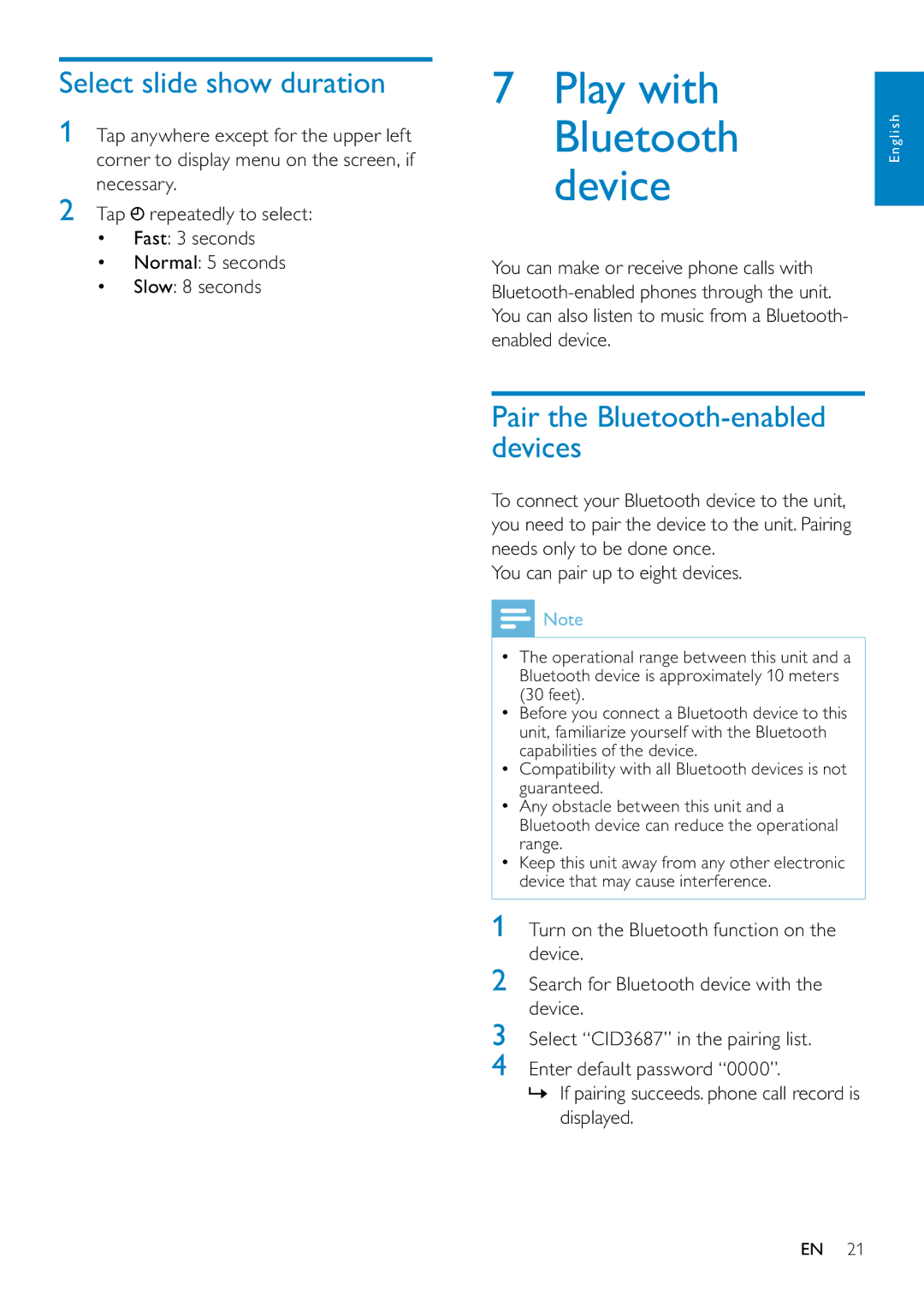 Philips CID3687/00 user manual Play with Bluetooth, Device, Select slide show duration 