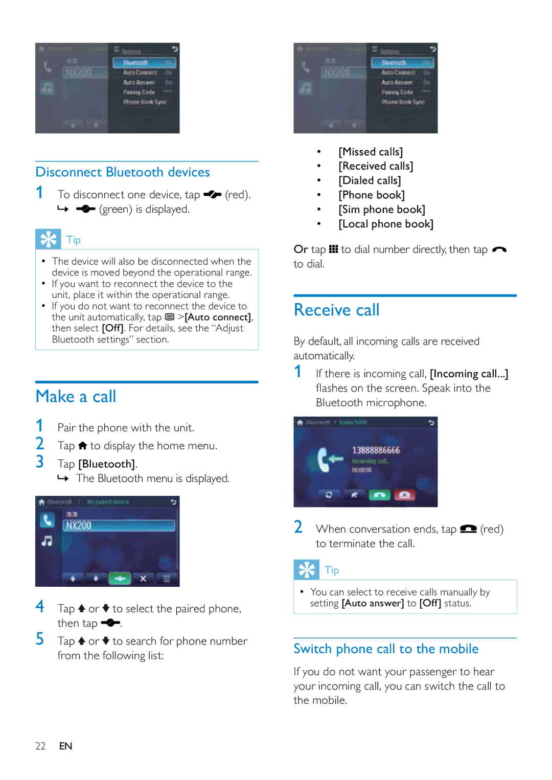 Philips CID3687/00 user manual Make a call, Receive call, Disconnect Bluetooth devices, Switch phone call to the mobile 