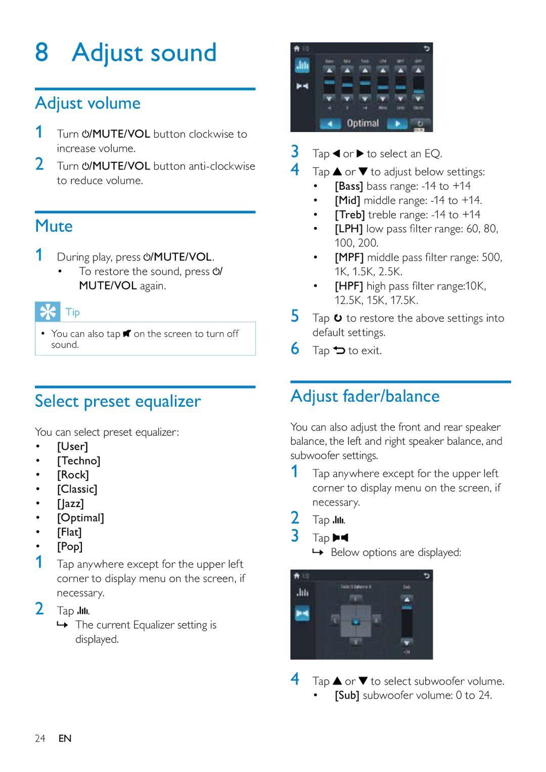 Philips CID3687/00 user manual Adjust sound, Adjust volume, Mute, Select preset equalizer, Adjust fader/balance 