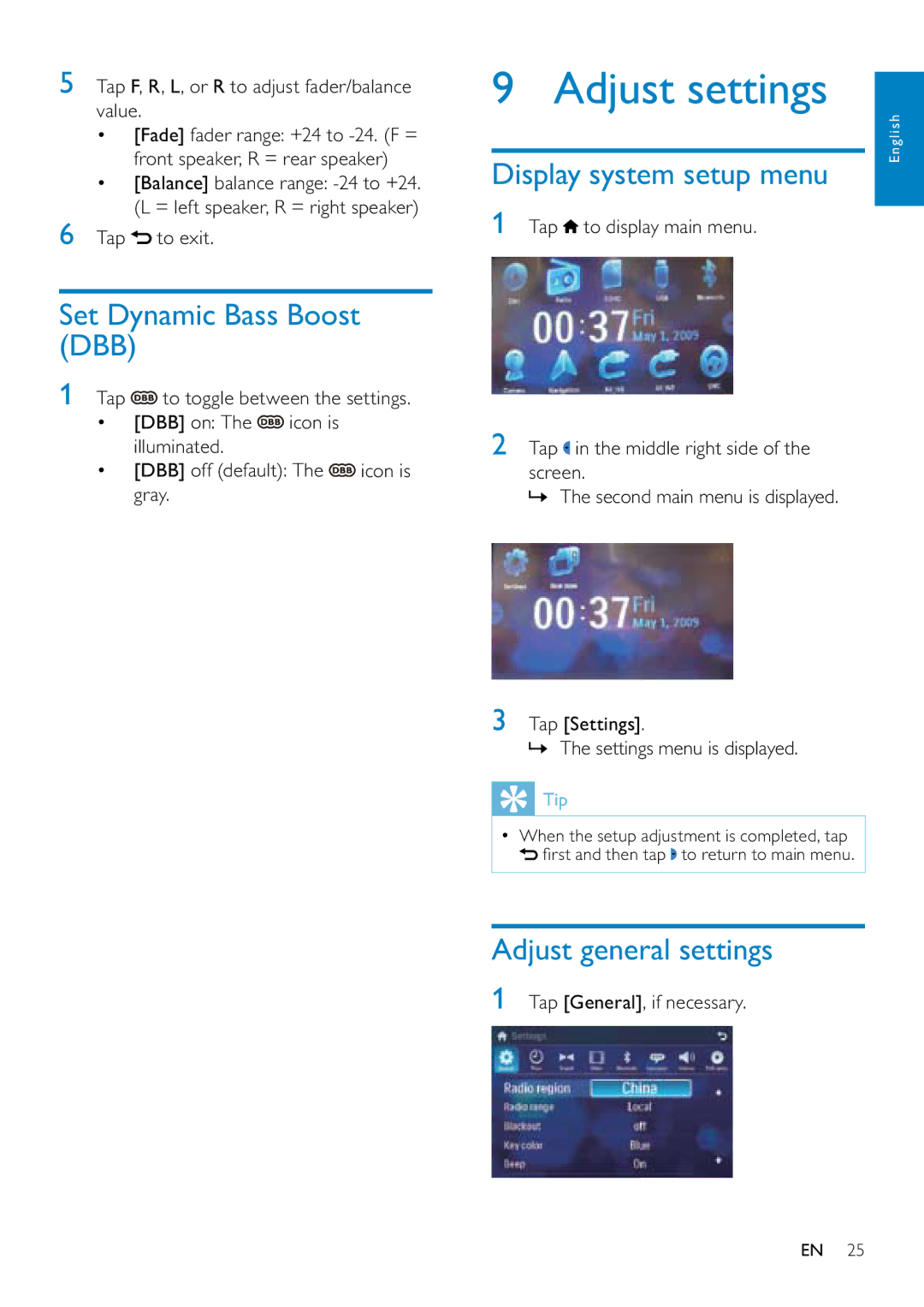 Philips CID3687/00 Adjust settings, Set Dynamic Bass Boost DBB, Adjust general settings, Tap General, if necessary 