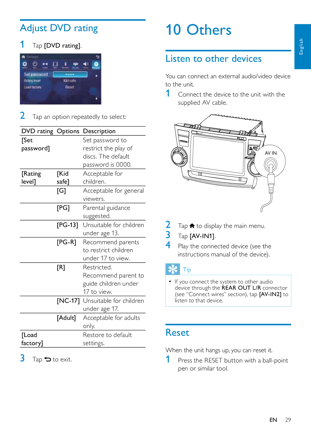 Philips CID3687/00 user manual Adjust DVD rating, Others English Listen to other devices, Reset 