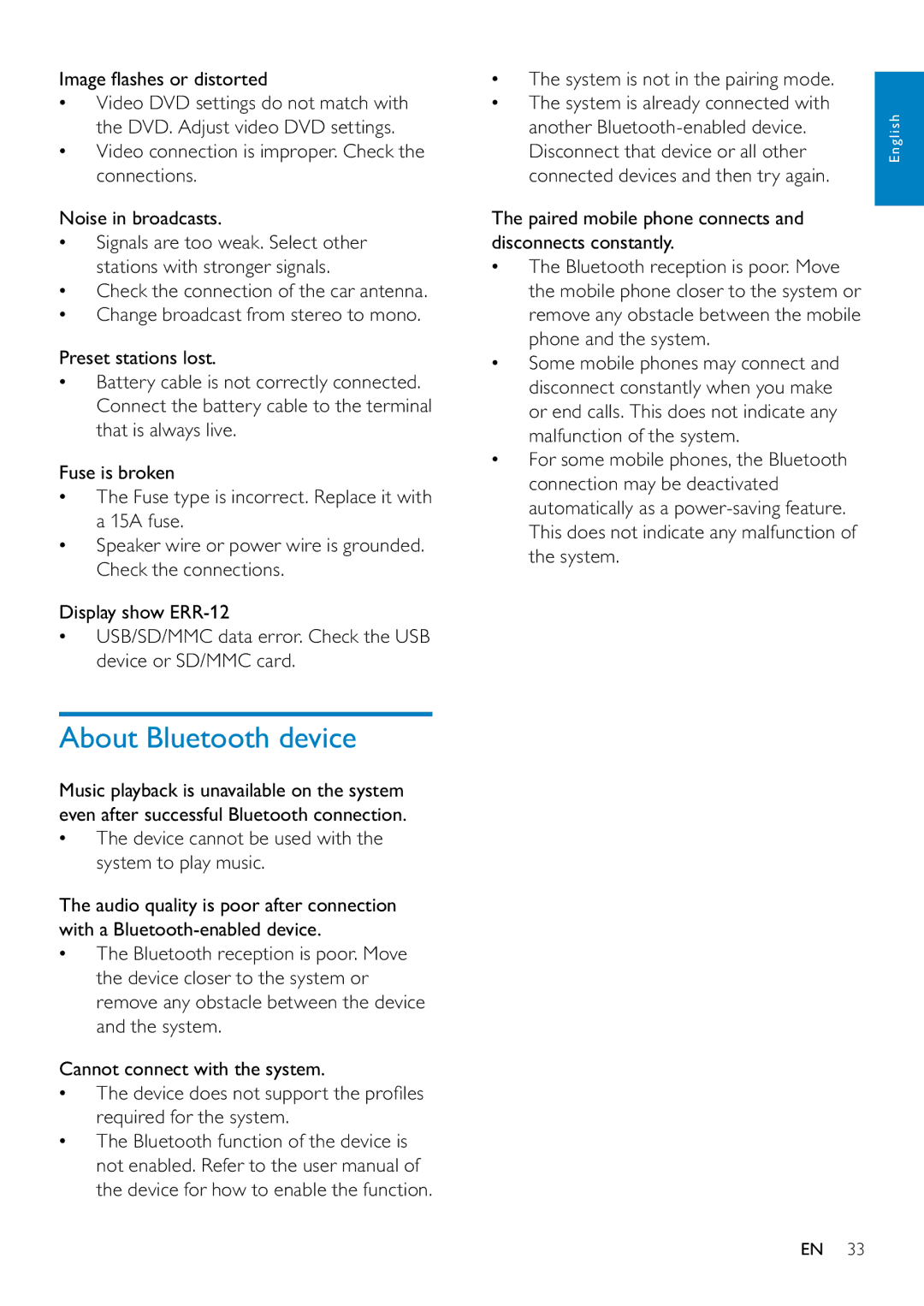 Philips CID3687/00 About Bluetooth device, Image ﬂashes or distorted, Device cannot be used with the system to play music 