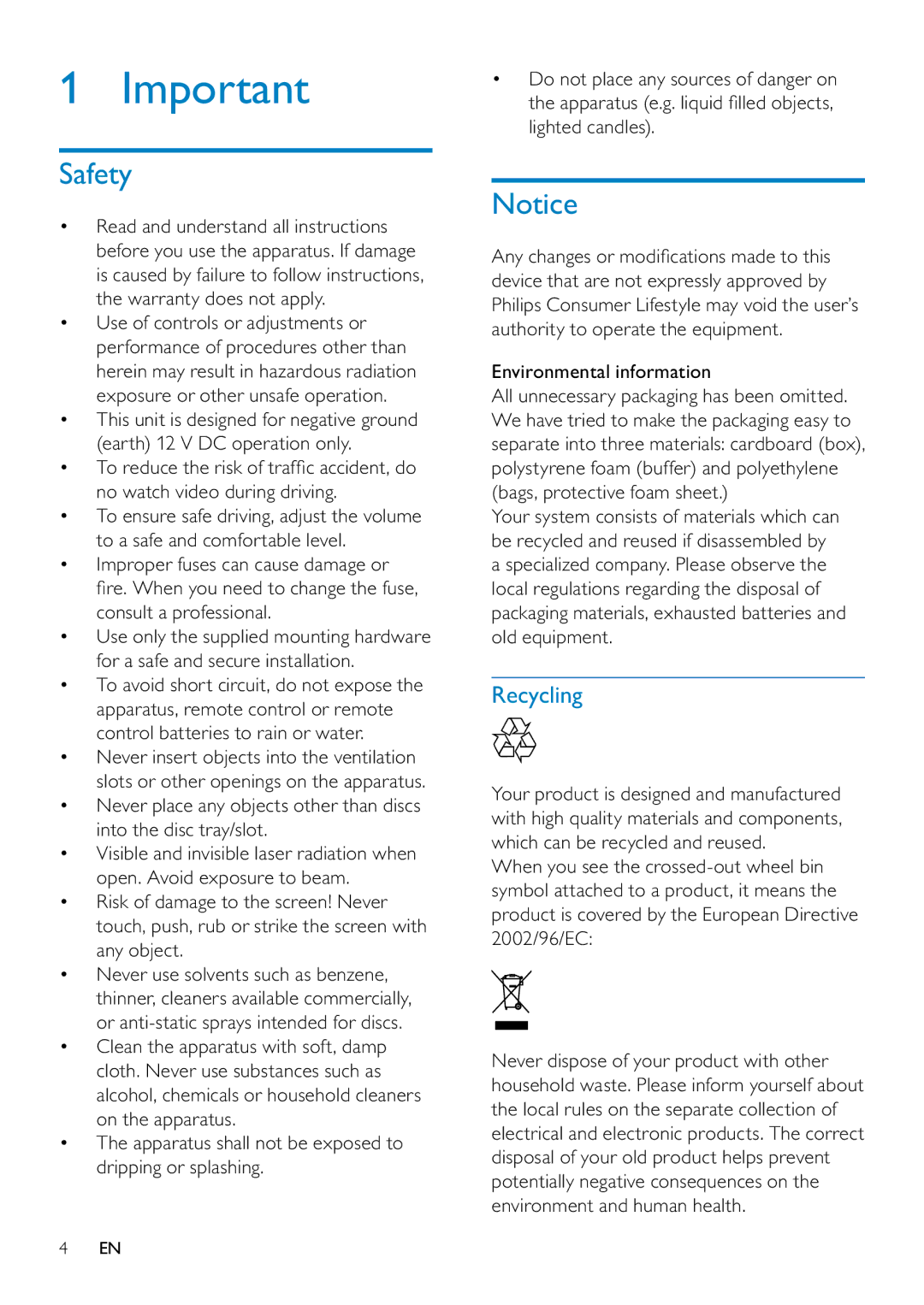 Philips CID3687/00 user manual Safety, Recycling, Environmental information 