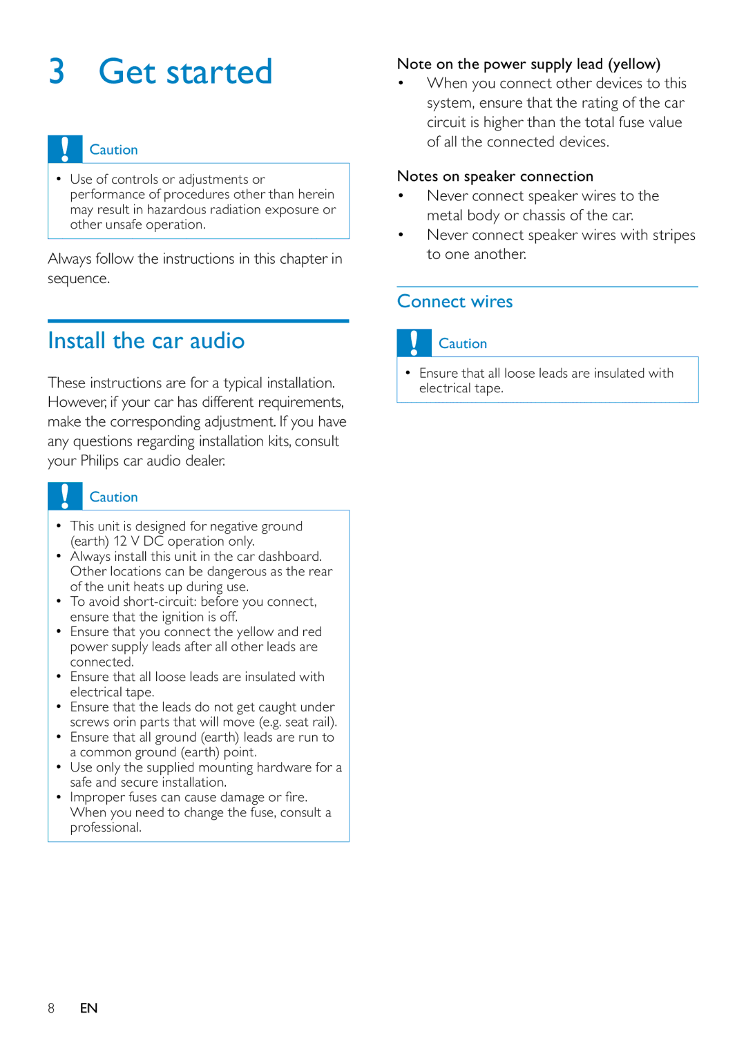 Philips CID3687/00 user manual Get started, Install the car audio, Connect wires 