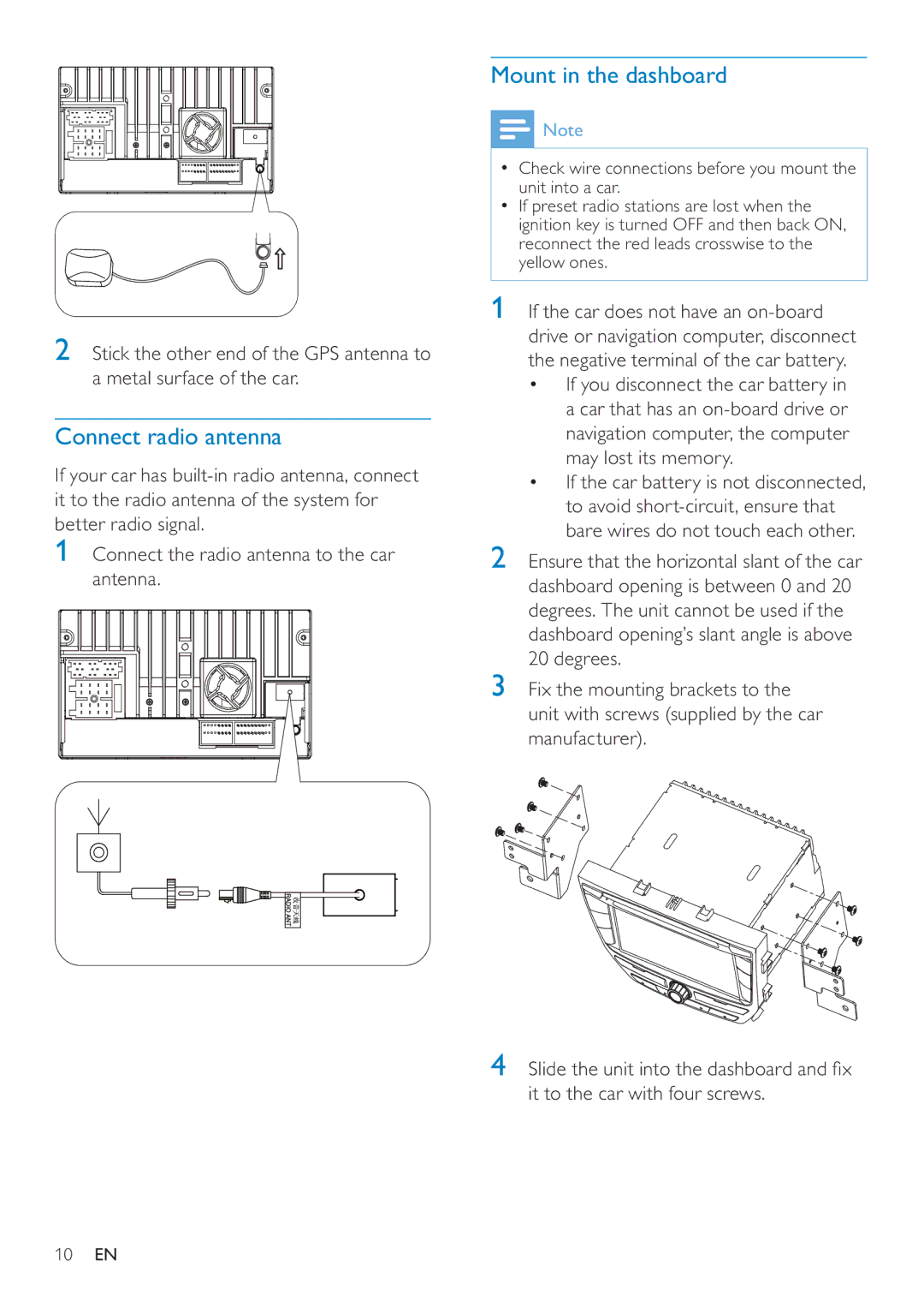 Philips CID3692 user manual Connect radio antenna, Mount in the dashboard 