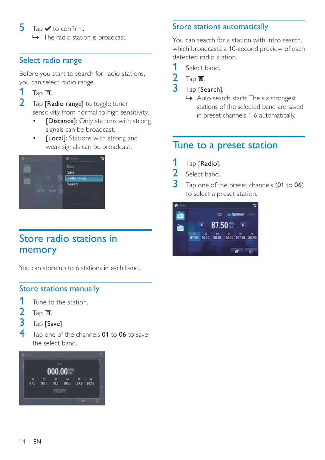 Philips CID3692 Store radio stations in memory, Tune to a preset station, Select radio range, Store stations manually 