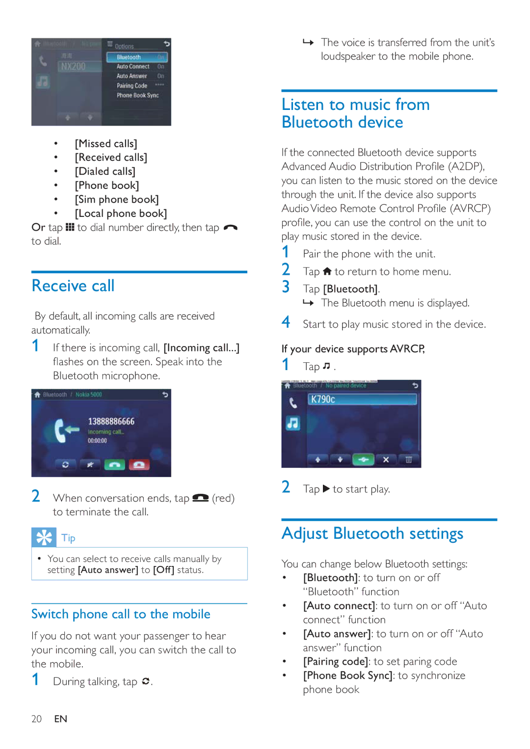 Philips CID3692 user manual Receive call, Listen to music from Bluetooth device, Adjust Bluetooth settings 