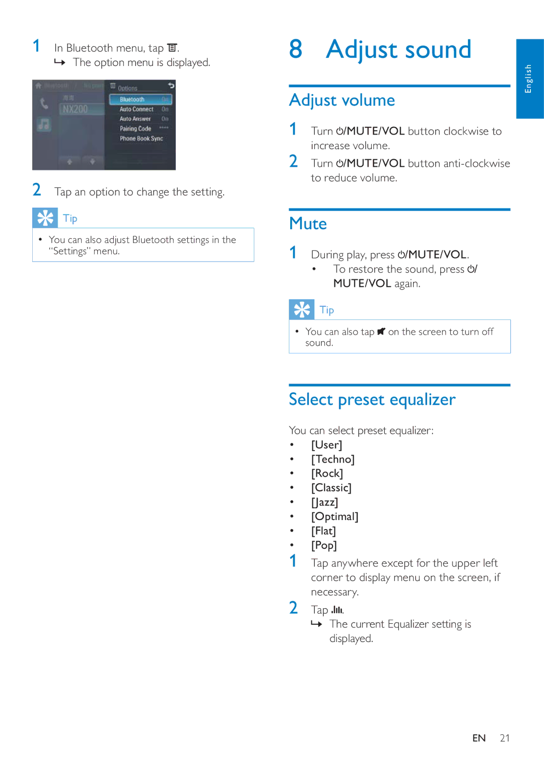 Philips CID3692 user manual Adjust sound, Mute, Select preset equalizer 